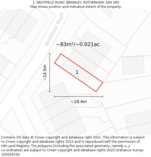 1, WESTFIELD ROAD, BRAMLEY, ROTHERHAM, S66 2RX: Plot and title map