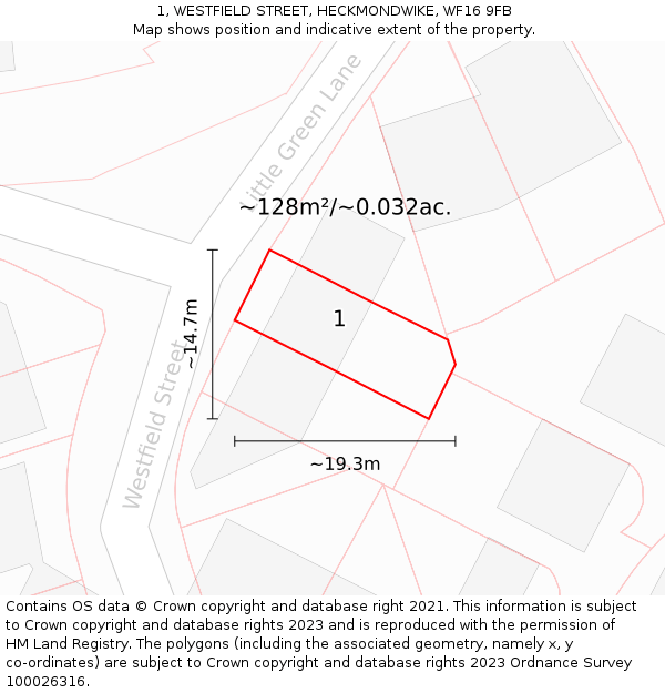 1, WESTFIELD STREET, HECKMONDWIKE, WF16 9FB: Plot and title map