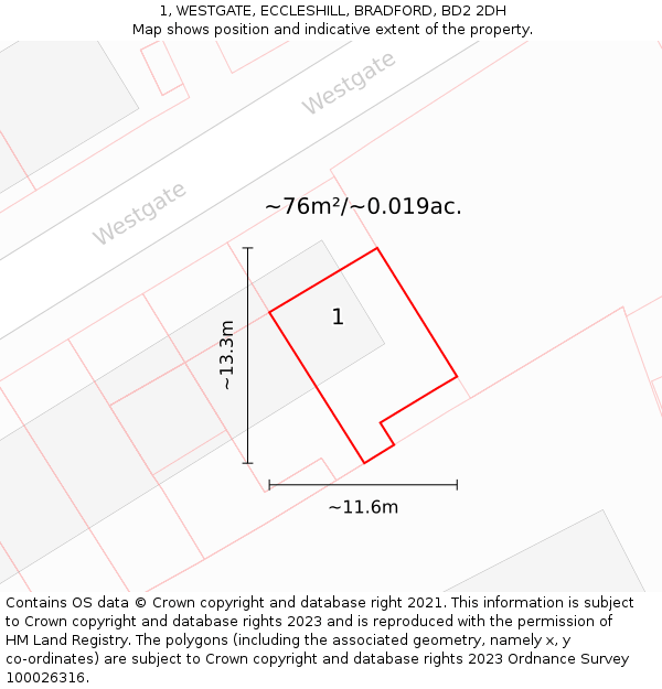 1, WESTGATE, ECCLESHILL, BRADFORD, BD2 2DH: Plot and title map