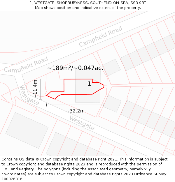 1, WESTGATE, SHOEBURYNESS, SOUTHEND-ON-SEA, SS3 9BT: Plot and title map