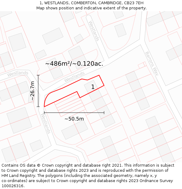 1, WESTLANDS, COMBERTON, CAMBRIDGE, CB23 7EH: Plot and title map