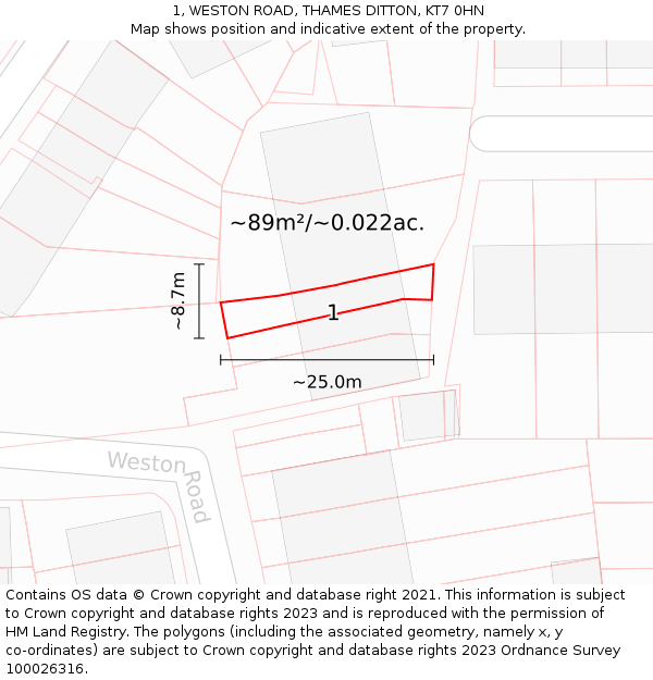 1, WESTON ROAD, THAMES DITTON, KT7 0HN: Plot and title map