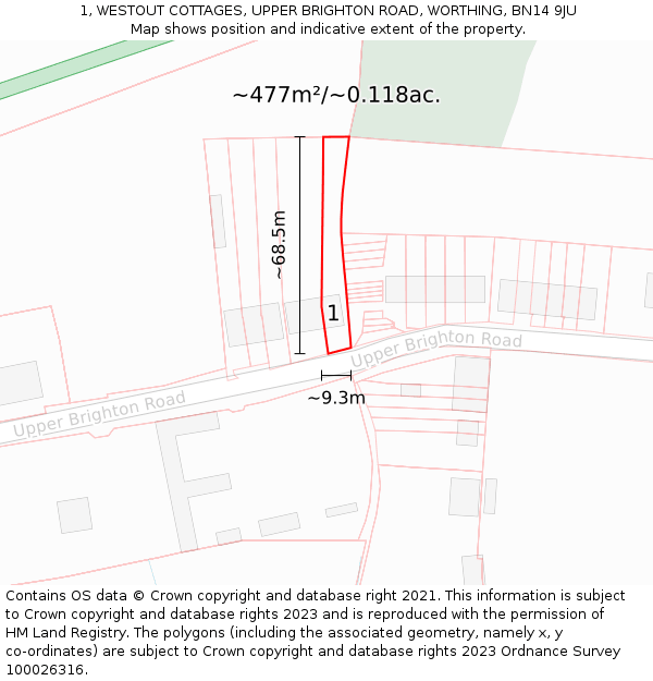 1, WESTOUT COTTAGES, UPPER BRIGHTON ROAD, WORTHING, BN14 9JU: Plot and title map
