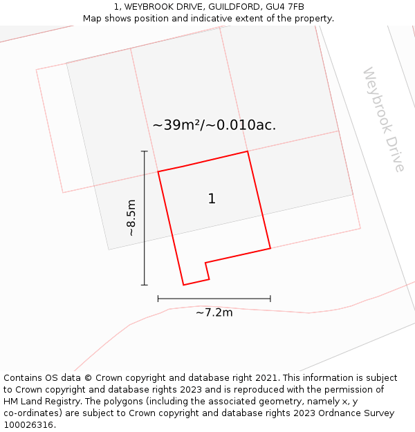 1, WEYBROOK DRIVE, GUILDFORD, GU4 7FB: Plot and title map