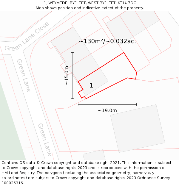1, WEYMEDE, BYFLEET, WEST BYFLEET, KT14 7DG: Plot and title map