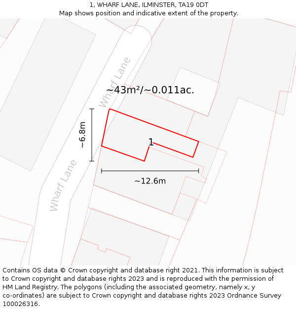 1, WHARF LANE, ILMINSTER, TA19 0DT: Plot and title map