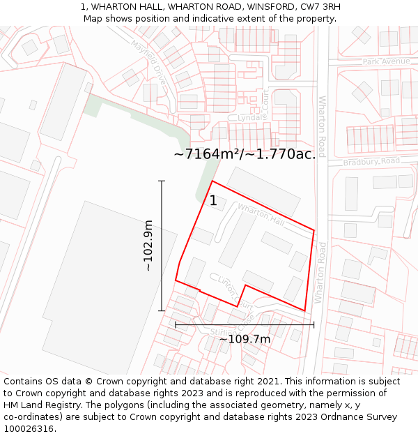 1, WHARTON HALL, WHARTON ROAD, WINSFORD, CW7 3RH: Plot and title map