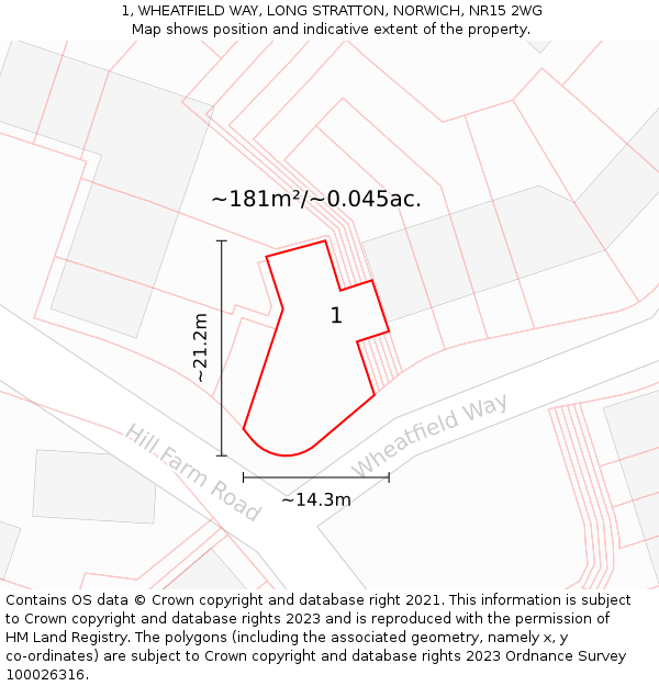 1, WHEATFIELD WAY, LONG STRATTON, NORWICH, NR15 2WG: Plot and title map