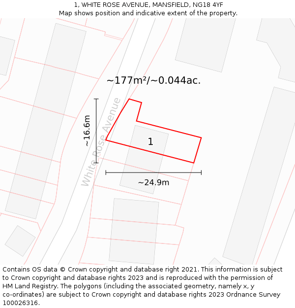 1, WHITE ROSE AVENUE, MANSFIELD, NG18 4YF: Plot and title map