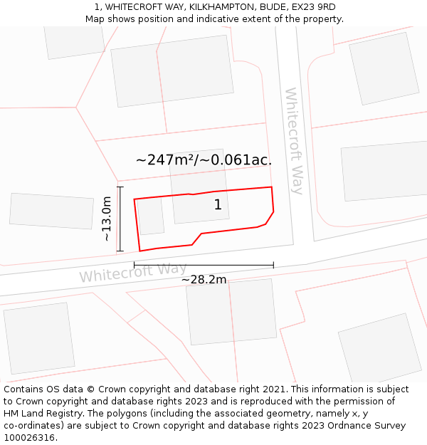 1, WHITECROFT WAY, KILKHAMPTON, BUDE, EX23 9RD: Plot and title map
