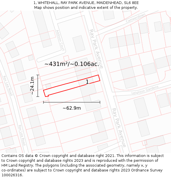 1, WHITEHALL, RAY PARK AVENUE, MAIDENHEAD, SL6 8EE: Plot and title map