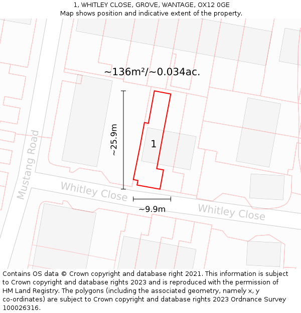 1, WHITLEY CLOSE, GROVE, WANTAGE, OX12 0GE: Plot and title map
