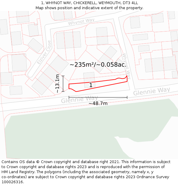 1, WHYNOT WAY, CHICKERELL, WEYMOUTH, DT3 4LL: Plot and title map