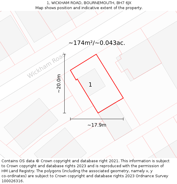 1, WICKHAM ROAD, BOURNEMOUTH, BH7 6JX: Plot and title map