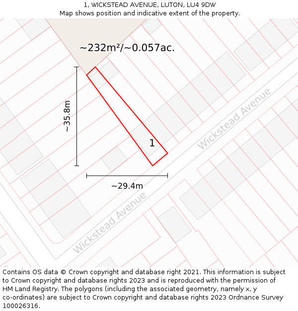 1, WICKSTEAD AVENUE, LUTON, LU4 9DW: Plot and title map