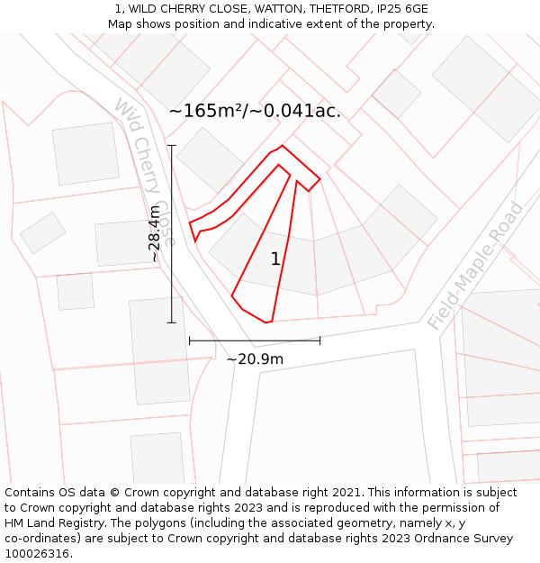 1, WILD CHERRY CLOSE, WATTON, THETFORD, IP25 6GE: Plot and title map