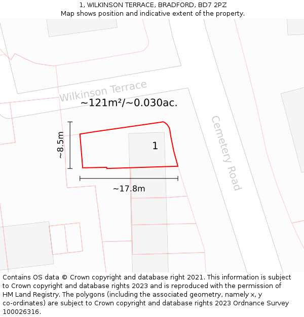 1, WILKINSON TERRACE, BRADFORD, BD7 2PZ: Plot and title map