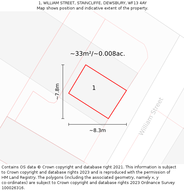 1, WILLIAM STREET, STAINCLIFFE, DEWSBURY, WF13 4AY: Plot and title map