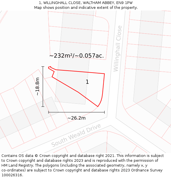 1, WILLINGHALL CLOSE, WALTHAM ABBEY, EN9 1PW: Plot and title map