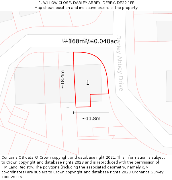 1, WILLOW CLOSE, DARLEY ABBEY, DERBY, DE22 1FE: Plot and title map