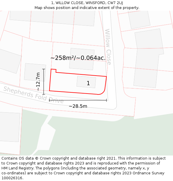 1, WILLOW CLOSE, WINSFORD, CW7 2UJ: Plot and title map