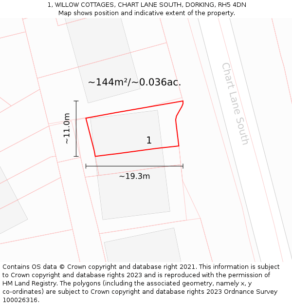 1, WILLOW COTTAGES, CHART LANE SOUTH, DORKING, RH5 4DN: Plot and title map