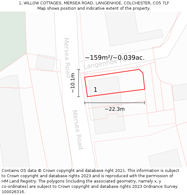 1, WILLOW COTTAGES, MERSEA ROAD, LANGENHOE, COLCHESTER, CO5 7LF: Plot and title map