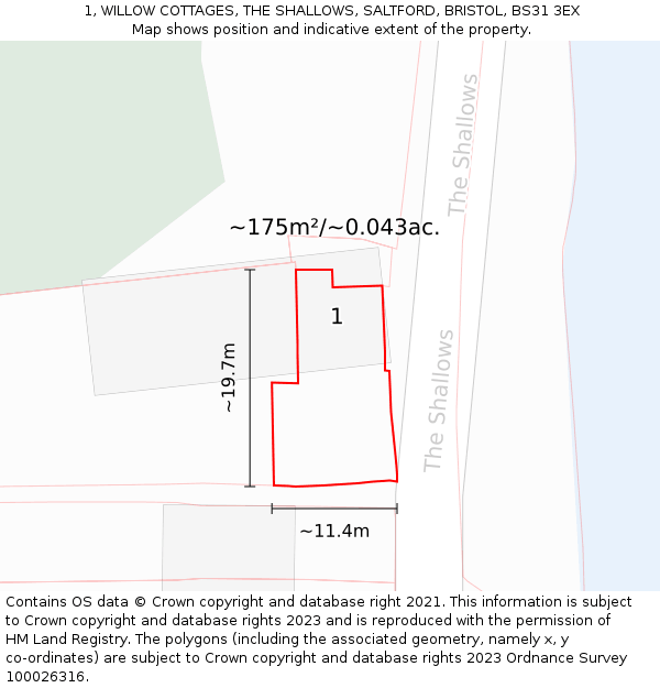 1, WILLOW COTTAGES, THE SHALLOWS, SALTFORD, BRISTOL, BS31 3EX: Plot and title map