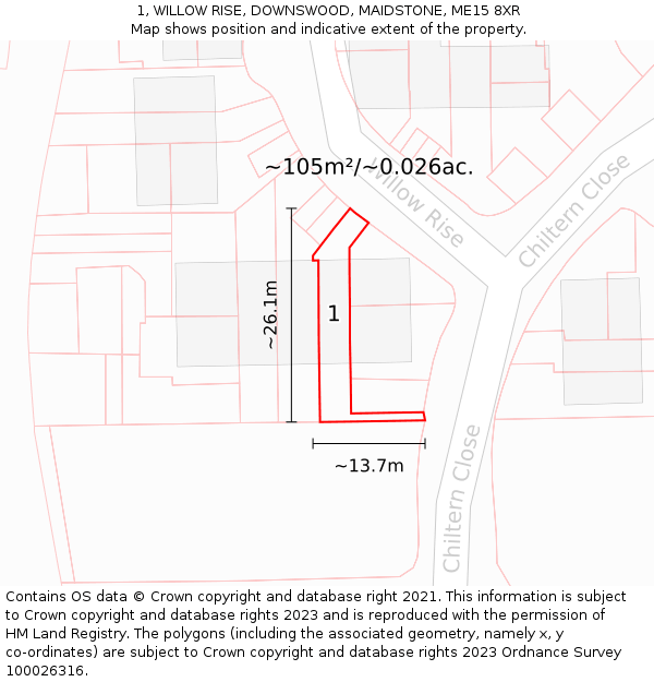 1, WILLOW RISE, DOWNSWOOD, MAIDSTONE, ME15 8XR: Plot and title map