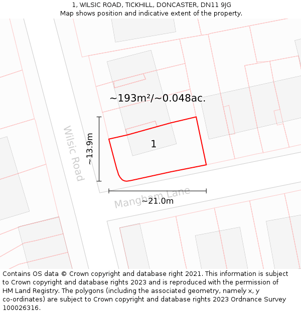 1, WILSIC ROAD, TICKHILL, DONCASTER, DN11 9JG: Plot and title map