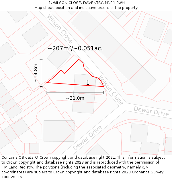 1, WILSON CLOSE, DAVENTRY, NN11 9WH: Plot and title map