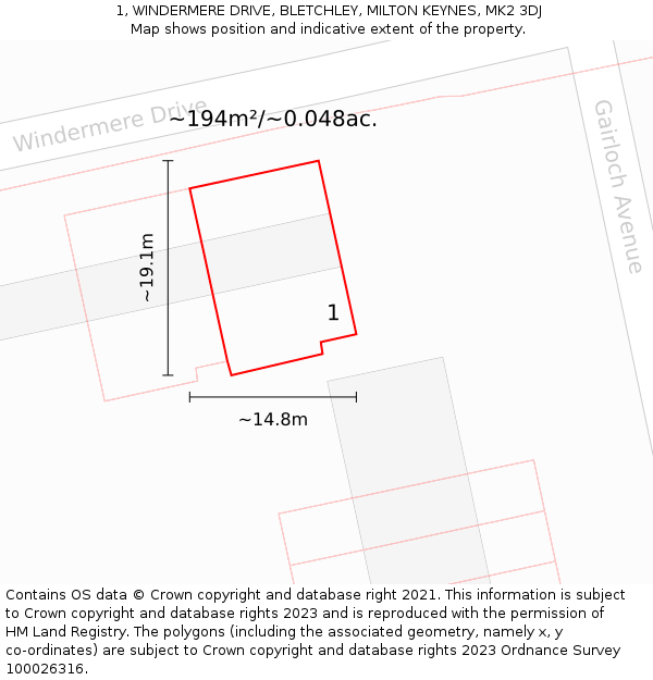 1, WINDERMERE DRIVE, BLETCHLEY, MILTON KEYNES, MK2 3DJ: Plot and title map