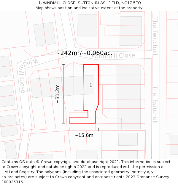 1, WINDMILL CLOSE, SUTTON-IN-ASHFIELD, NG17 5EQ: Plot and title map