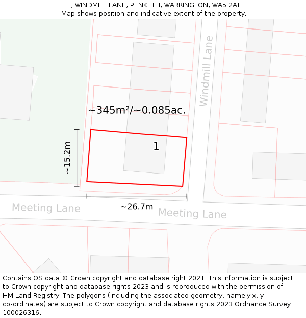 1, WINDMILL LANE, PENKETH, WARRINGTON, WA5 2AT: Plot and title map