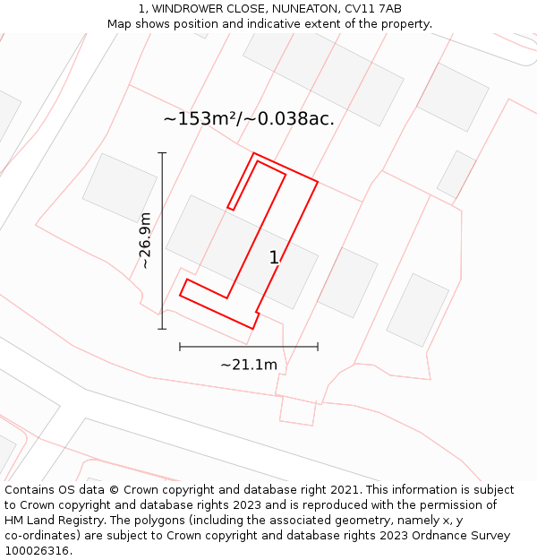 1, WINDROWER CLOSE, NUNEATON, CV11 7AB: Plot and title map