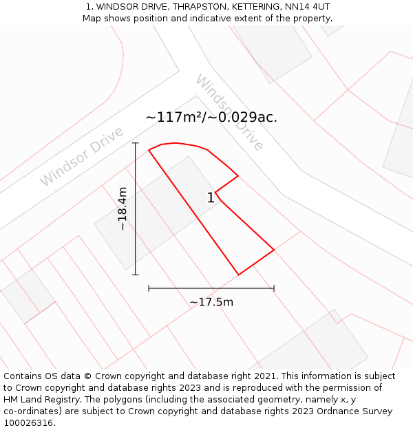 1, WINDSOR DRIVE, THRAPSTON, KETTERING, NN14 4UT: Plot and title map