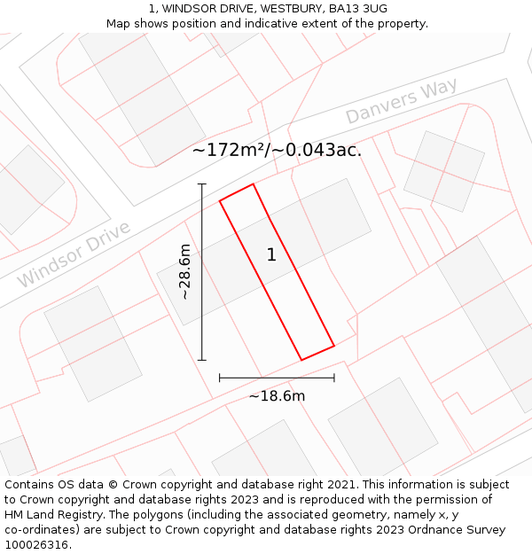 1, WINDSOR DRIVE, WESTBURY, BA13 3UG: Plot and title map