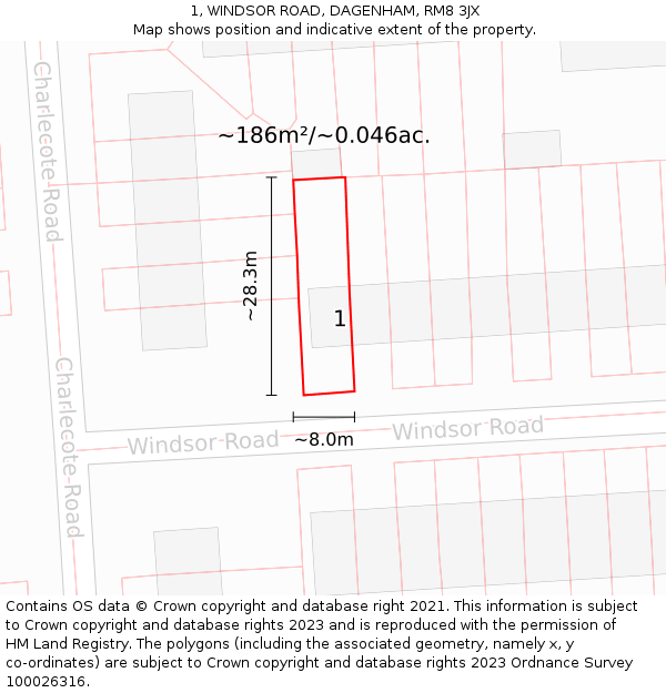 1, WINDSOR ROAD, DAGENHAM, RM8 3JX: Plot and title map