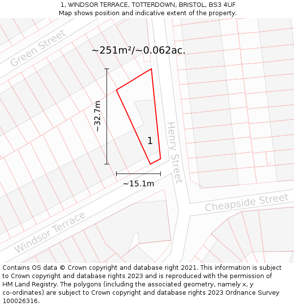 1, WINDSOR TERRACE, TOTTERDOWN, BRISTOL, BS3 4UF: Plot and title map