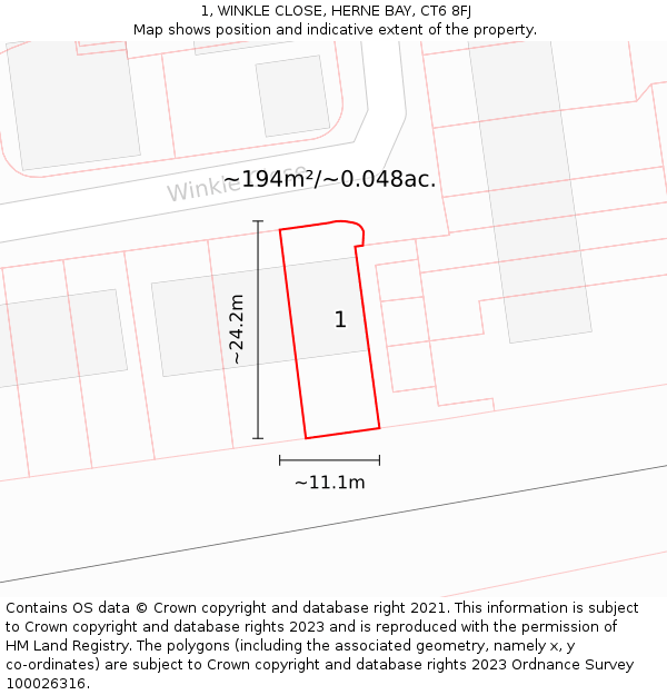 1, WINKLE CLOSE, HERNE BAY, CT6 8FJ: Plot and title map