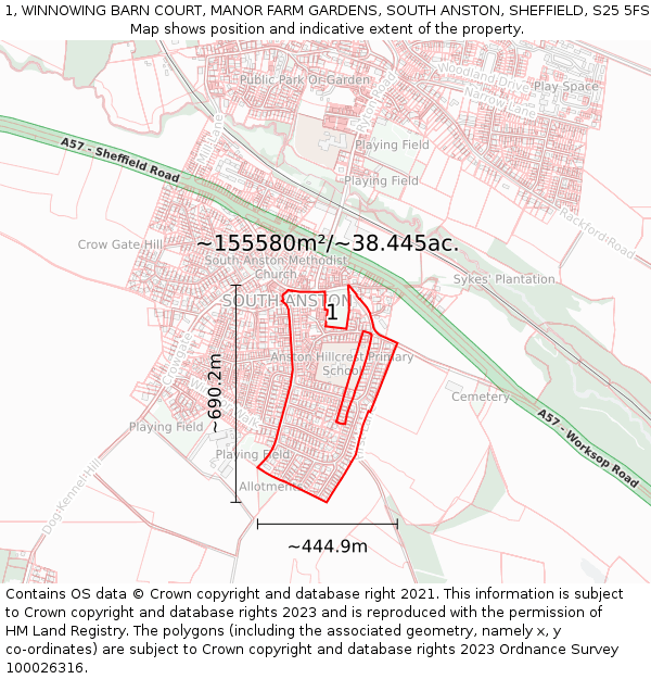 1, WINNOWING BARN COURT, MANOR FARM GARDENS, SOUTH ANSTON, SHEFFIELD, S25 5FS: Plot and title map