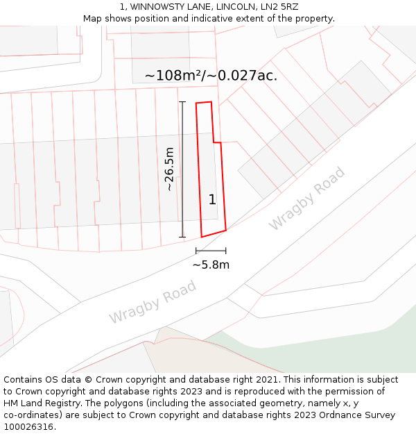 1, WINNOWSTY LANE, LINCOLN, LN2 5RZ: Plot and title map
