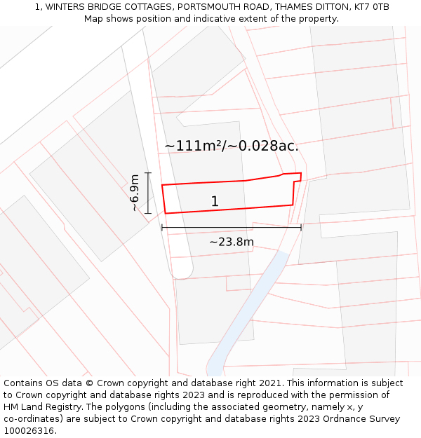 1, WINTERS BRIDGE COTTAGES, PORTSMOUTH ROAD, THAMES DITTON, KT7 0TB: Plot and title map