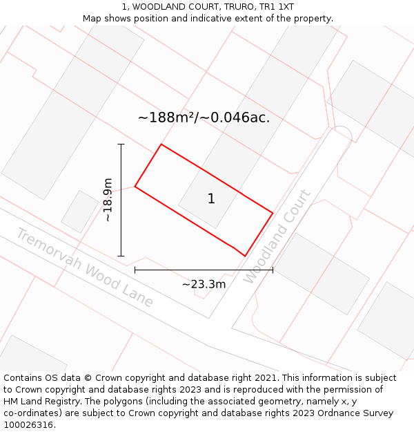 1, WOODLAND COURT, TRURO, TR1 1XT: Plot and title map