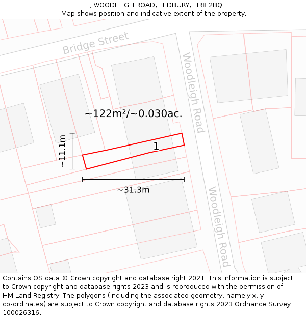 1, WOODLEIGH ROAD, LEDBURY, HR8 2BQ: Plot and title map