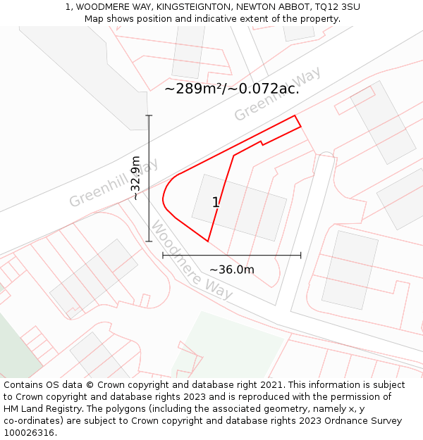 1, WOODMERE WAY, KINGSTEIGNTON, NEWTON ABBOT, TQ12 3SU: Plot and title map