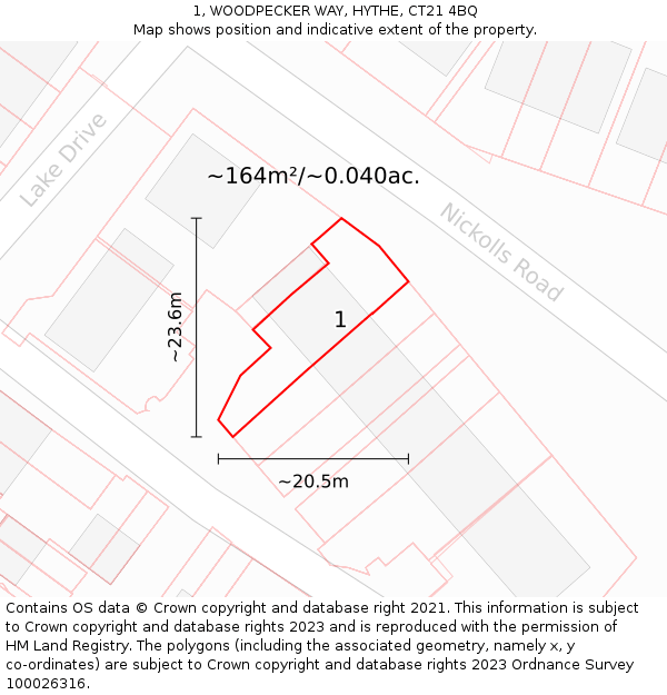 1, WOODPECKER WAY, HYTHE, CT21 4BQ: Plot and title map