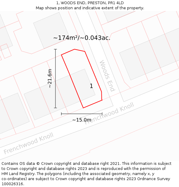 1, WOODS END, PRESTON, PR1 4LD: Plot and title map