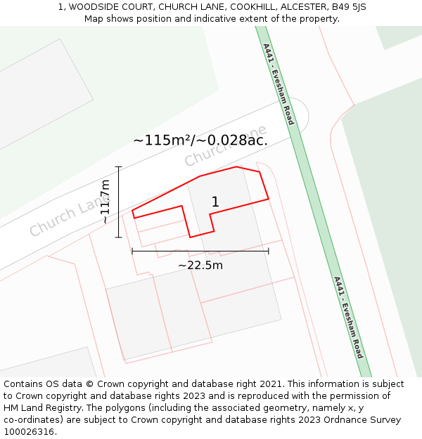 1, WOODSIDE COURT, CHURCH LANE, COOKHILL, ALCESTER, B49 5JS: Plot and title map