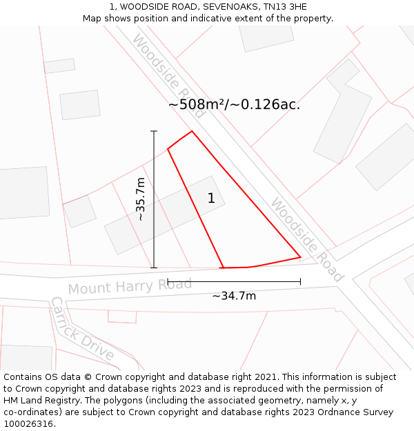 1, WOODSIDE ROAD, SEVENOAKS, TN13 3HE: Plot and title map